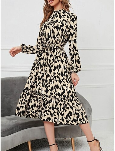  Damen Midi-Kleid A-Linie Kleid Fit And Flare Kleid Urlaub Lässig Alltag Reguläre Passform Grafisch Langarm Hemdkragen Schwarz Sommer