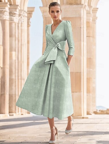 Jacquard A-Linie Cocktailkleider Elegantes Kleid Hochzeitsgast Kirche Knöchellang Halbärmel V-Ausschnitt Chiffon mit Blumenbogen Hochzeitsgastkleid 2025