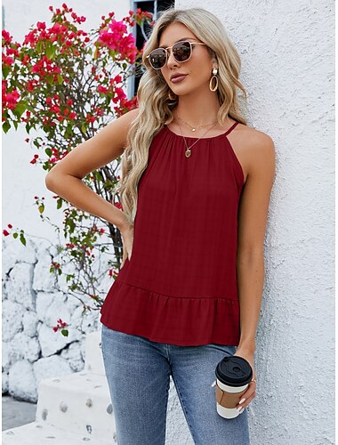  Damen Boho-Shirt Sommertops Feste Farbe Brautkleider schlicht Boho Ärmellos Ärmellos Rundhalsausschnitt Krawattenhals Normale Oberteile Täglich Ausgehen Strandbekleidung Rückenfrei Schwarz Rosa Wein