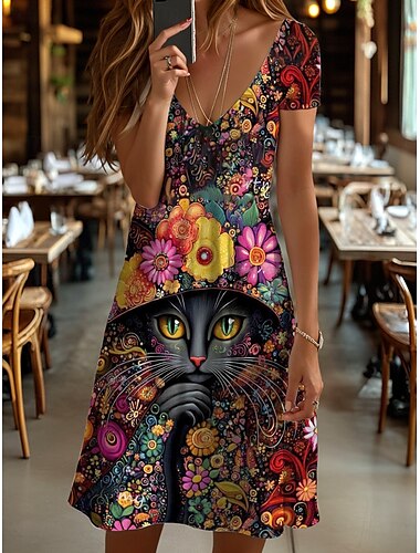  Damen Minikleid lässiges Kleid Strandkleid A-Linie Kleid Sommerkleid elegant Urlaub stilvoll reguläre Passform floral Grafik Katze Kurzarm Rundhals Gelb Sommer