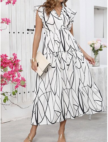  Damen Midi Kleid A-Linien-Kleid Fit und Flare-Kleid Urlaub Alltag Regelmäßige Passform Grafik Ärmellos V-Ausschnitt Weiß Sommer Frühling