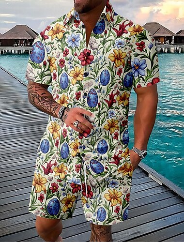  Ostern Herren Ostereier 2St Hemden-Sets Hemd Set Kurzarm Kurze Hosen Umlegekragen Lässig Outdoor Lässig Täglich 3D-Druck Sommer Rubinrot Braun