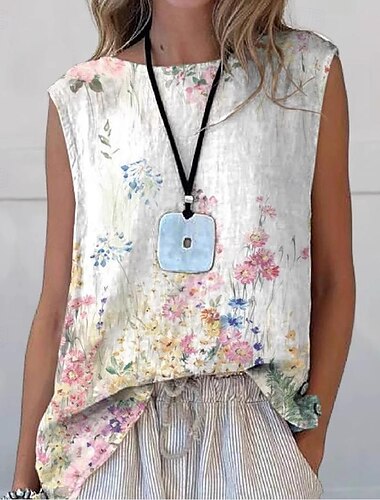  Damen Hemd Blumen Bohemien Täglich Stilvoll Ärmellos Rundhalsausschnitt Normale Oberteile Täglich Druck Weiß Blau Himmelblau Orange Beige Sommer Frühling