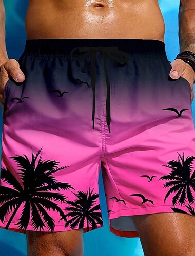  Herren Kokospalme Farbverlauf Tropische Pflanzen Badehosen Badeshorts Boardshorts Mittlere Taille Hawaiianisch Strandurlaub Seitentaschen Netzfutter Elastischer Kordelzug in der Taille Designer