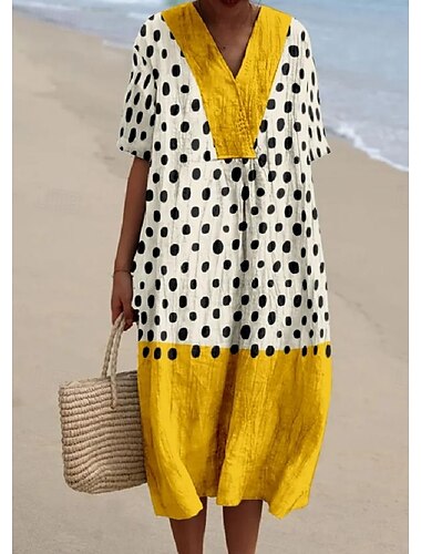  Damen Midi Kleid Sonnenkleid A-Linien Kleid Leinen Urlaub Lässig Strand leinenoptik Ausgeh Lockerer Sitz Grafik Geometrisch Kurzarm V-Ausschnitt Hellgelb Dunkelgelb Gelb Sommer