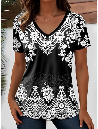  Dames T-shirt Grafisch Geometrisch Paisley Bohemen Vintage Stijlvol Korte mouw V-hals Normale tops Dagelijks Uitgaan Strand Kleding Afdrukken Black + White + Red Zwart Wit Rood Paars Zomer