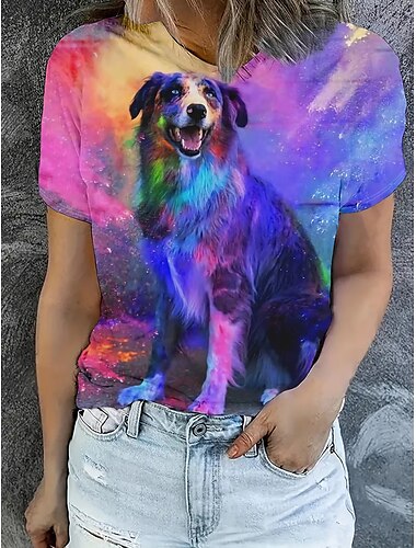  Mulheres Camiseta Tops de verão Cachorro Cores Gradiente Clássico Casual Manga Curta Gola Redonda Tops curtos Diário Final de semana Imprimir Arco-íris Verão Primavera Outono
