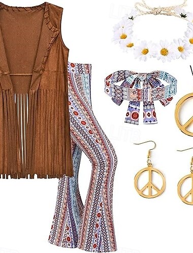  Retro Vintage 1960er 1970er Cosplay Kostüm Outfits Zubehörset Hippie Damen Karneval Maskerade Leistung Party Pride Parade Erwachsene Weste Hose Ohrringe