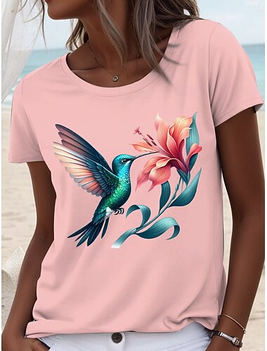  Mulheres Camiseta Floral Gráfico Pássaro Casual Manga Curta Decote Redondo Tops regulares Diário Imprimir Branco Rosa Azul Céu Verão