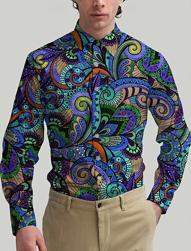  Retro Vintage Anos 70 Camisa Camisa Aloha Hippie Estampado Cashemere Fantasia Homens Baile de Máscaras Festa Roupa Diária Parada do Orgulho Adulto Camisa