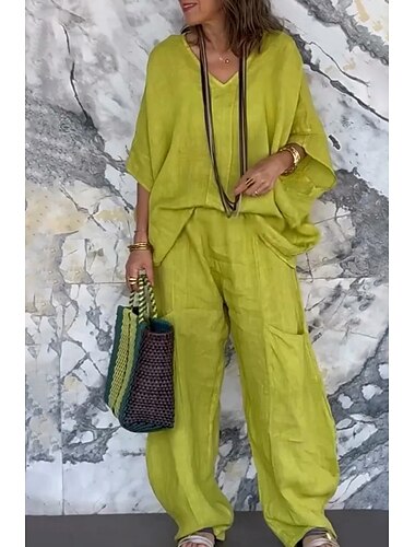  Femmes Quotidien Chemise Ensembles en coton et lin Ensembles deux pièces Demi Manches Col en V Couleur Unie Tenue quotidienne Décontracté Quotidien Noir Vert Claire Gris Clair Été Coupe régulière