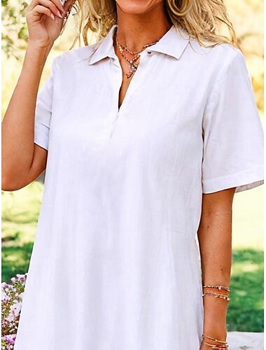  Damen Midi Kleid A-Linie Kleid Einfarbig Urlaub Lässig Täglich Date Lockere Passform Schlicht Kurzarm Hemdkragen Weiß Sommer