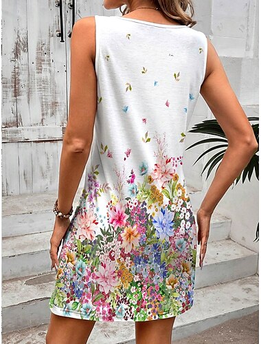  Women's Mini Dress A Line Dress Summer Dress Off The Shoulder Dress Vacation Daily Loose Fit Ombre Floral Graphic Sleeveless U Neck White Summer Spring