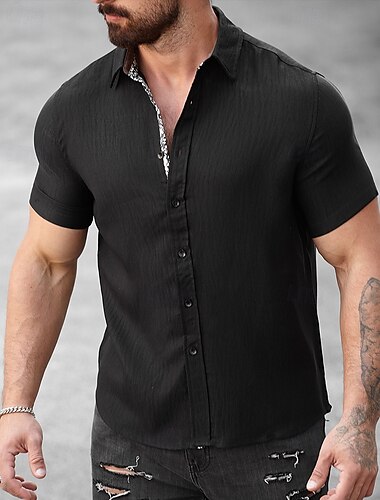  Homens Camisa Social camisa de verão Camisa casual camisa de praia camisa de botão Preto Branco Verde Claro Azul Caqui Manga Curta Tecido Lapela Férias Havaiana Roupa Misto de Algodão Moda Casual