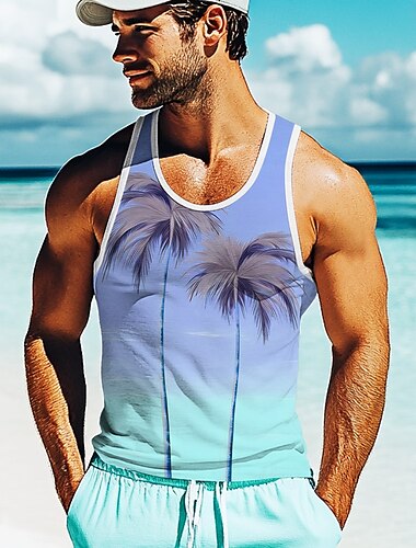  Herren Kokospalme T Shirt Weste Ärmellos T-Shirt 3D-Druck Rundhalsausschnitt Hemd Urlaub Lässig Hawaiianisch Ferien Gelb Blau Grün Sommer Frühling Bekleidung S M L XL XXL XXXL