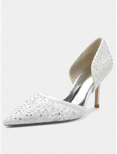  White Rhinestone Lace Pointed-Toe High Heels – Elegant Bridal Wedding Stiletto Pumps for Women