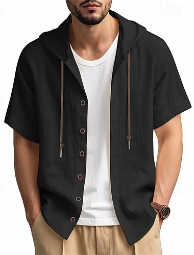  Herre Skjorte Hvid bomuldsskjorte Casual skjorte Button Up skjorte Bomuldsskjorte Vanlig Ferierejse Gade Sort Hvid Kakifarvet Grå Kortærmet Hætte Sommer Tøj Knap ned