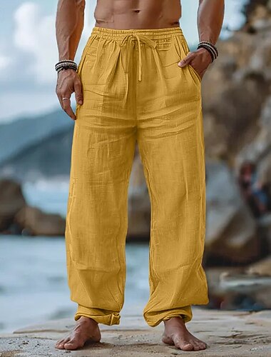  Herren Leinenhosen Hose Sommerhose Kordelzug Elastischer Bund Gerader Schnitt Einfach Komfort Atmungsaktiv Volle Länge Lässig Täglich Ferien Urlaub Mode Schwarz Weiß