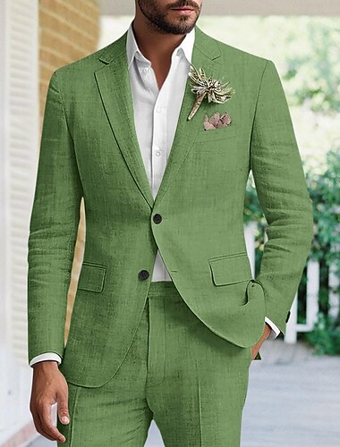  Trajes de lino para bodas de hombres en azul celeste y verde verano color sólido ajuste entallado conjunto de 2 piezas de un solo botón