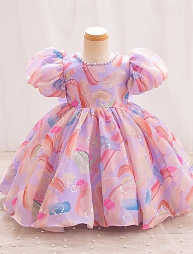  Kinder Mädchen Partykleid Grafik Regenbogen Kurzarm Besonderer Anlass Puffärmel Prinzessin Polyester Partykleid Sommer Frühling Kinder Champagner Rosa Purpur