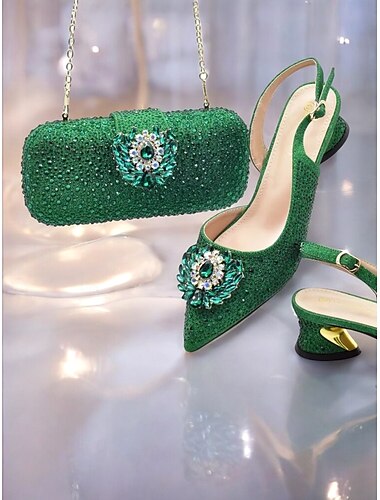  Escarpins à bride arrière ornés de cristaux verts avec pochette assortie – chaussures de mariage et de fête de luxe pour femmes