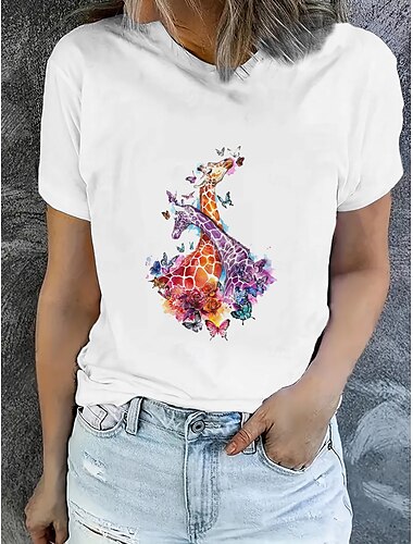  Dámské Tričko Letní vrcholy Grafika Žirafa Klasické Na běžné nošení Krátký rukáv Tričkový Crop Tops Denní Víkend Tisk Duhová Léto Jaro Podzim
