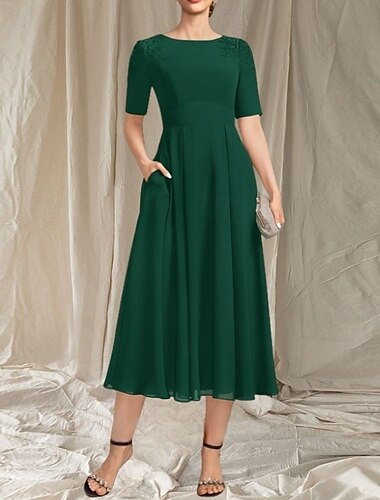  A-Lijn Bruidsmoeder Jurk Bruiloft Gast Elegante Crew Hals Theemaat Chiffon Korte Mouw met Borduursel Applicaties Midi Jurk 2025