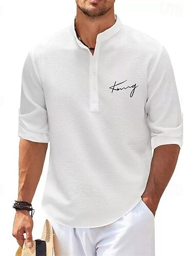  Per uomo Camicia popover Camicia Estiva Camicia casual Camicia da Spiaggia Camicia a maglia a nido d'ape Nero Bianco Blu Azzurro cielo Grigio scuro Manica Lunga Lettera Classico Collo alla coreana