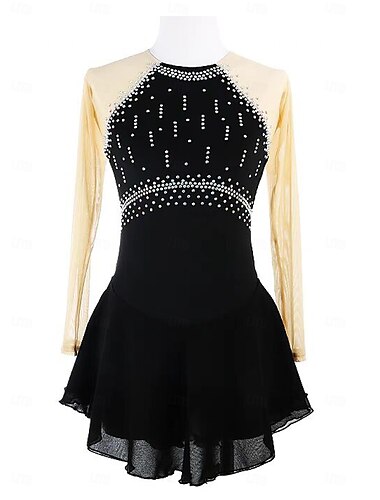  Eiskunstlaufkleid Damen Mädchen Eislaufen Kleid Schwarz Patchwork Daumenloch Netzstoff Spandex Dehnbar Training Übung Professionell Eiskunstlaufkleidung Thermowarm Kristall / Strass Langarm Eislaufen