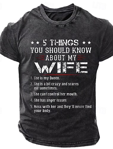  חולצת טי גברים 5 Things You Should Know About My Wife טי גזים רטרו חולצה שטופה קוטנה קצרה עם גרפיקה שחור טי נוח