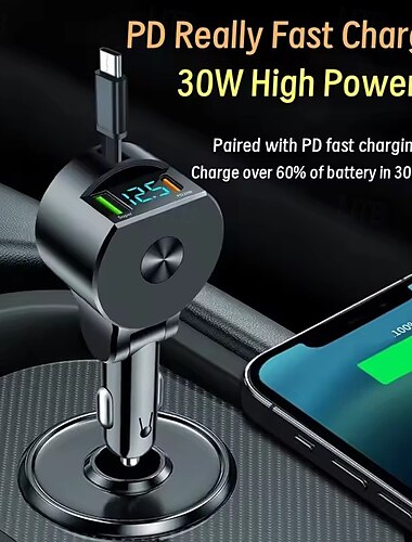  3-in-1 車用シガレットライター充電器 30W 高出力 自由に伸縮可能 自動収納 車用 超急速充電