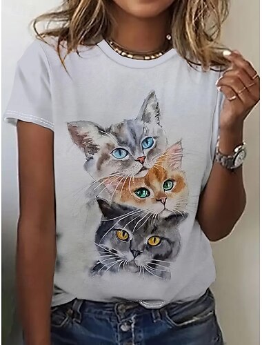  Dámské Tričko Letní vrcholy Grafika Kočka Klasické Na běžné nošení Krátký rukáv Tričkový Crop Tops Denní Víkend Tisk Duhová Léto Jaro Podzim