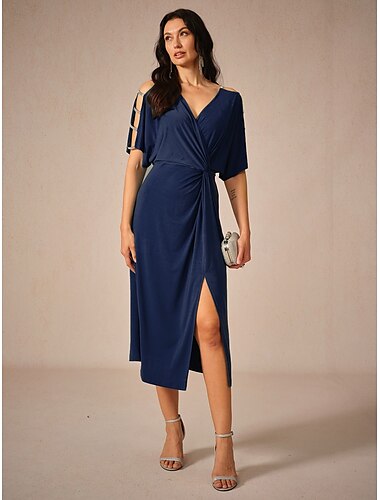  Femme Robe mi-longue Robe en maille Elégant mode Soirée Rendez-vous Standard Couleur unie Manche Courte Col V bleu marine Eté