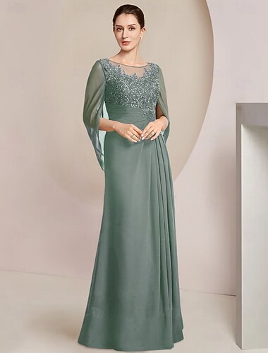  Sheath klänning mamma till bruden klänning elegant juvel hals golvlängd chiffon halv ärm med spets sidodraperad enfärgad 2025 fri anpassad storlek