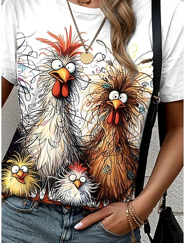  Dame T-shirt Grafisk Dyr Hane Afslappet Smarte Kortærmet Rund hals Almindelige toppe Daglig Trykt mønster Hvid Sommer