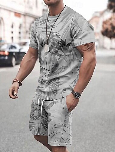  Herren Tropische Blumen 2St T-Shirts-Sets T Shirt Kurzarm Kurze Hosen Rundhalsausschnitt Urlaub Lässig Outdoor Sport Täglich 3D-Druck Sommer Rubinrot Grau Rosa