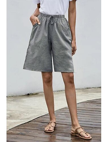  Mujer Pantalones cortos de lino y algodón Pantalón corto pantalones Ropa de calle Casual Corto Cintura Media Plano Bolsillo Diseño de cordón elástico Confortable Cómodo Calle Noche Gris Azul marino