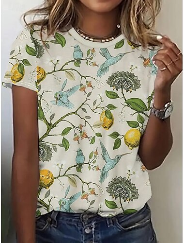  Dam T-shirt Summer Tops Grafisk Fågel Klassisk Ledigt Kortärmad Rund hals Crop Tops Dagligen Helgen Mönster Regnbåge Sommar Vår Höst