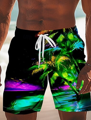  Herren Kokospalme Tropische Pflanzen Badehosen Badeshorts Boardshorts Mittlere Taille Hawaiianisch Urlaub Kordelzug Netzfutter Elastischer Bund Designer Bekleidung