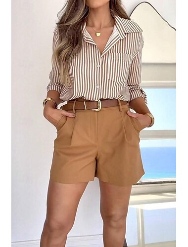  Damen Hemd Bluse Gestreift Modern Langarm Hemdkragen Normale Oberteile Täglich Ausgehen Knopf Marineblau Königsblau Braun Sommer