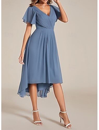  A-Linie Brautjungfernkleid V Ausschnitt Kurzarm Elegant Asymmetrisch Chiffon mit Raffung 2022