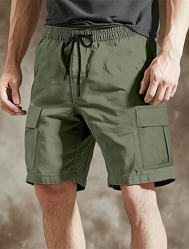  Men's Cargo Shorts Summer Shorts Bermuda shorts Casual Shorts Drawstring Multi Pocket Straight Leg Plain Breathable Quick Dry Knee Length Casual Running Gym Fashion Streetwear Black Green