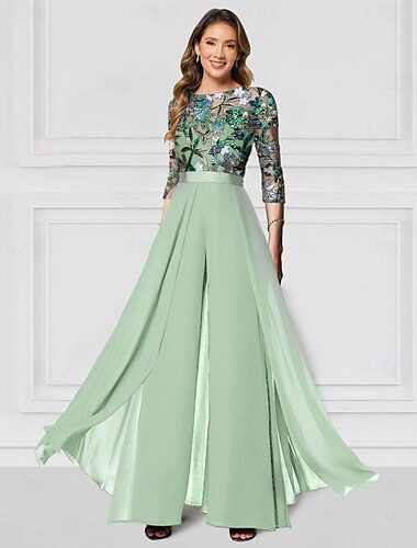  Floral Jumpsuit Bestickte Mutter der Braut Formelle Hochzeit Elegantes Vintage Illusion Dekolleté Bodentiefe Chiffon Halbe Ärmel mit Pailletten Derby Renntag Kleid 2025
