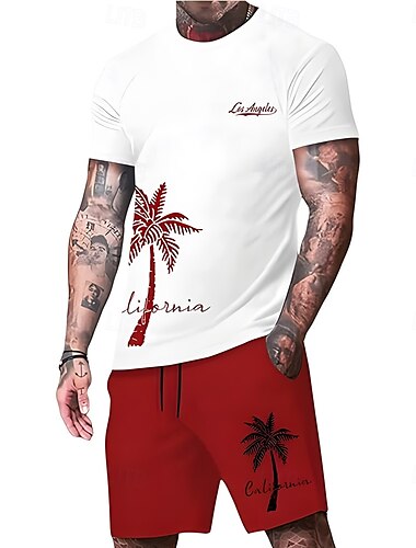  Herren Palme 2St T-Shirts-Sets Sommeroberteile Kurzarm Kurze Hosen Rundhalsausschnitt Sport Lässig Strandurlaub Outdoor Sport Täglich 3D-Druck Sommer Schwarz Grün Rot
