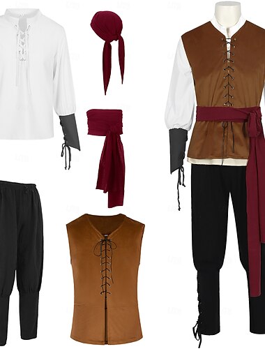  Retro Vintage Mittelalterlich Renaissance Cosplay Kostüm Outfits Wildlederweste Ren Faire Pirat Ritter Kordelzug Herren Seeräuber Halloween Karneval Maskerade Karneval LARP Renaissance-Messe