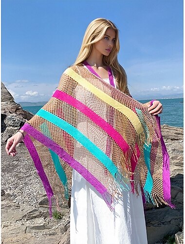  dames mesh gebreide strand omslagdoek - boho gestreepte franje badpak kimono, lichtgewicht en ademend zomervest voor vakantie, zwembad en vakantiekleding