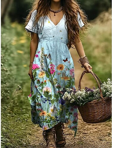  Dámské maxi šaty sundress A-line šaty na dovolenou volnočasové denní běžné střih květinová grafika krátký rukáv V výstřih popelavě modré fialové léto jaro