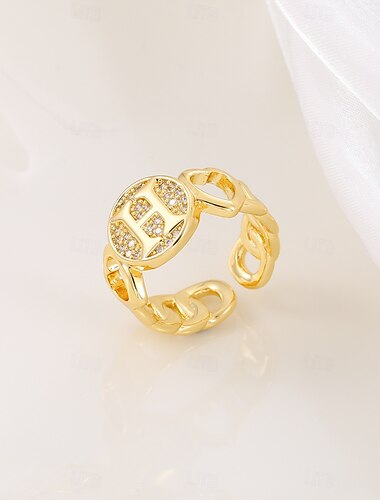  personalisierter Buchstabenring, Geschenk für Mama, 18 Karat vergoldeter Kupferring, glattes Herzdesign, verstellbares offenes Band mit Zirkon, stilvoller und vielseitiger Schmuck für Frauen