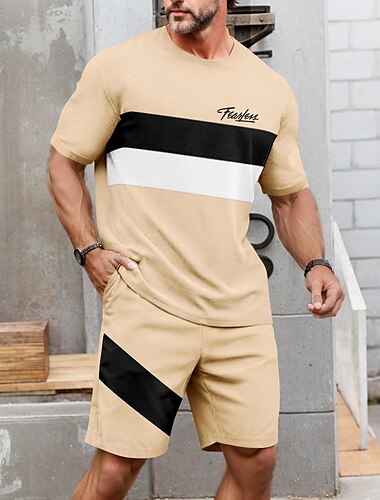  Herren Gestreift 2St T-Shirts-Sets Sommeroberteile Kurzarm Kurze Hosen Rundhalsausschnitt Sport Lässig Outdoor Urlaub Sport 3D-Druck Sommer Braun aschgrau Hellblau