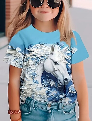  Mädchen 3D Pferd T-Shirt Kurzarm Sommer Frühling Mode Basic Kinder 4-12 Jahre Rundhalsausschnitt Outdoor Lässig Täglich Normale Passform